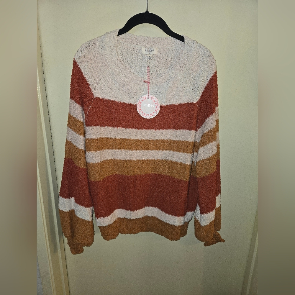 NWT Umgee Women's Striped Sweater w/ Balloon Sleeves- Rust, Cream, and Tan
